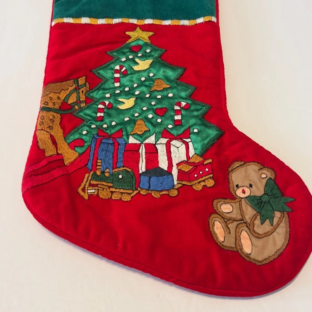 Vintage Style Red Velvet Christmas Stocking Embroidered Tree‎ Bear Rocking Horse
